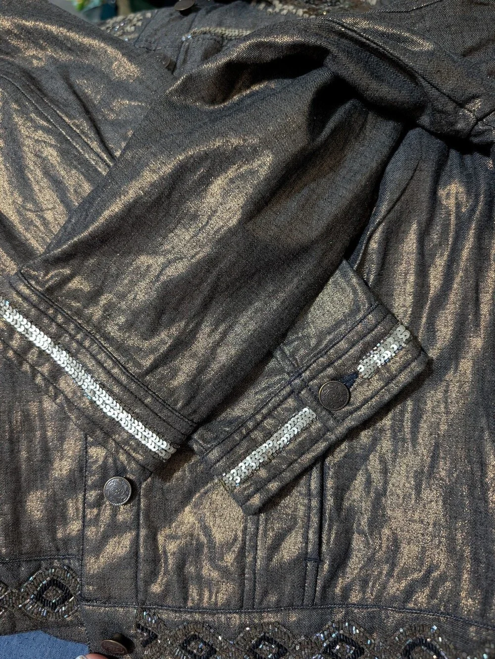 Chico's Metallic Embellished Button Front Jacket Bronze Bedazzled Women's Large
